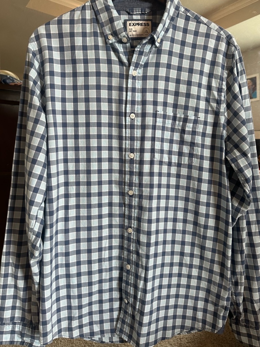 Express Men’s Blue and White Check Button-Down Shirt